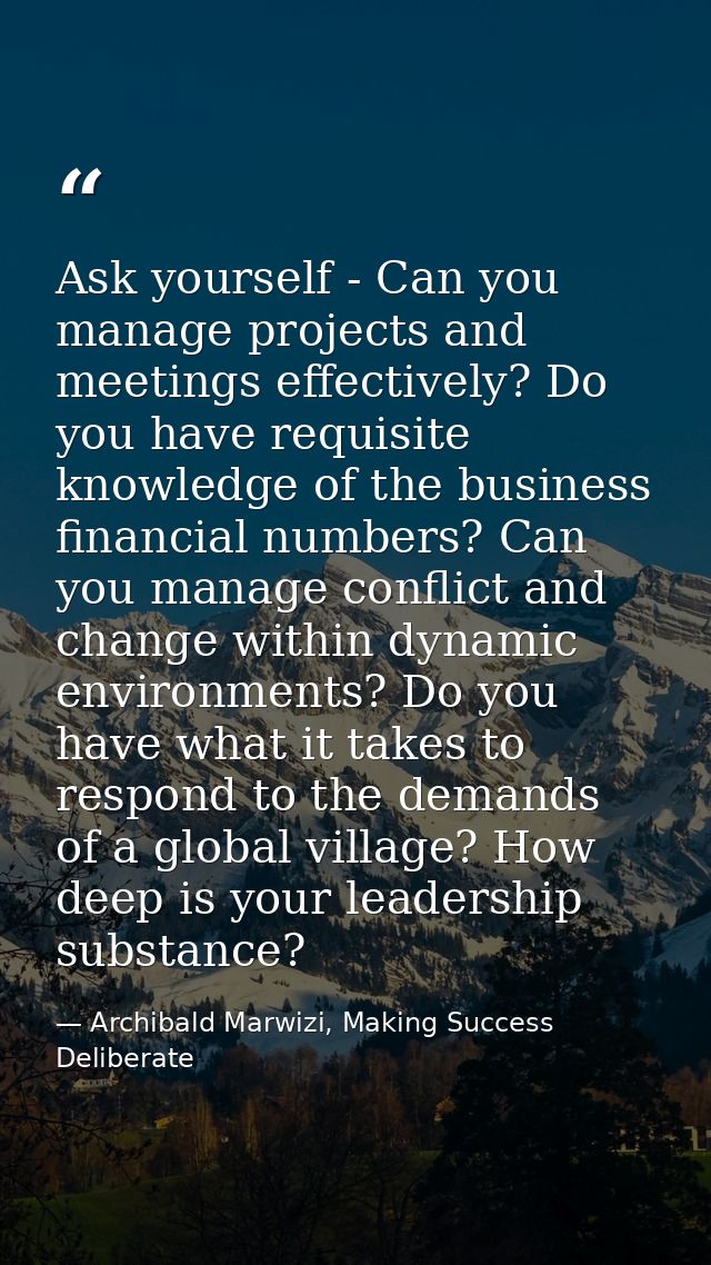 Ask yourself - Can you manage projects and meetings effectively? Do you have requisite knowledge of the business financi — Archibald Marwizi, Making Success Deliberate