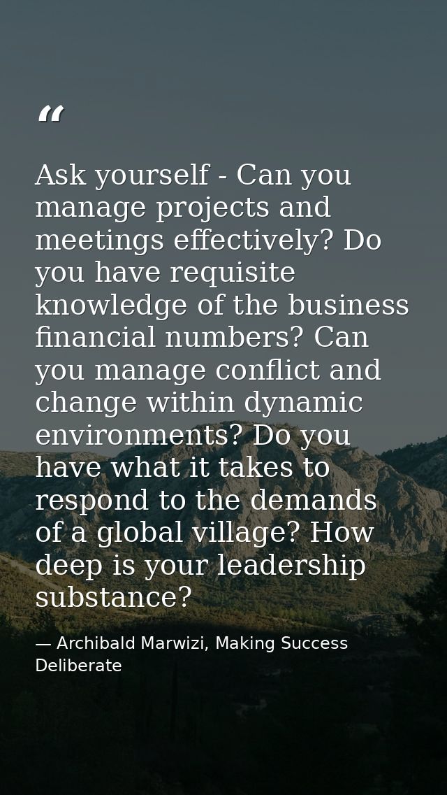 Ask yourself - Can you manage projects and meetings effectively? Do you have requisite knowledge of the business financi — Archibald Marwizi, Making Success Deliberate