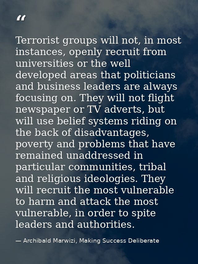 Terrorist groups will not, in most instances, openly recruit from universities or the well developed areas that politici — Archibald Marwizi, Making Success Deliberate