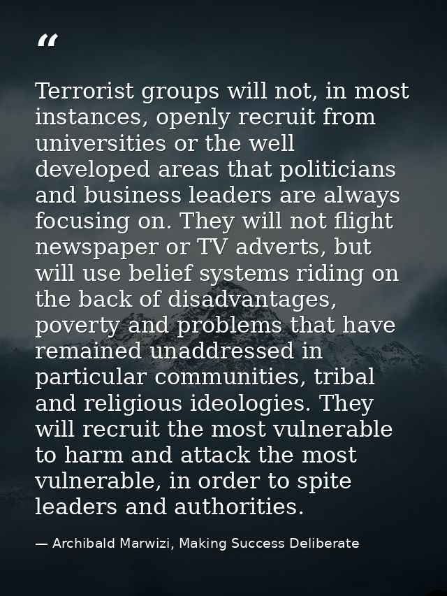 Terrorist groups will not, in most instances, openly recruit from universities or the well developed areas that politici — Archibald Marwizi, Making Success Deliberate
