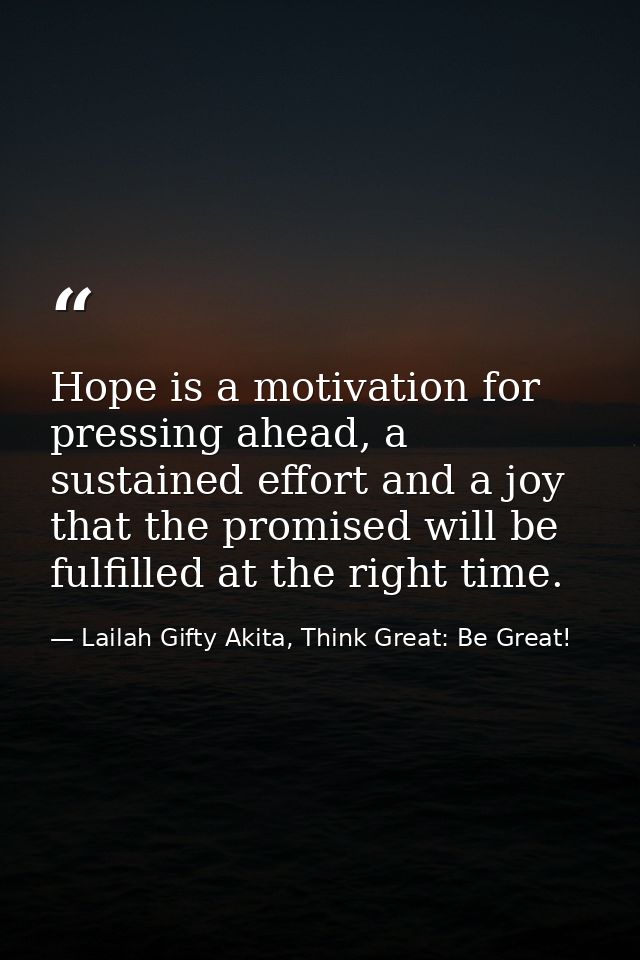 Hope is a motivation for pressing ahead, a sustained effort and a joy that the promised will be fulfilled at the right t — Lailah Gifty Akita, Think Great: Be Great!