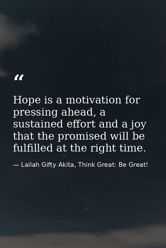 Hope is a motivation for pressing ahead, a sustained effort and a joy that the promised will be fulfilled at the right t — Lailah Gifty Akita, Think Great: Be Great!
