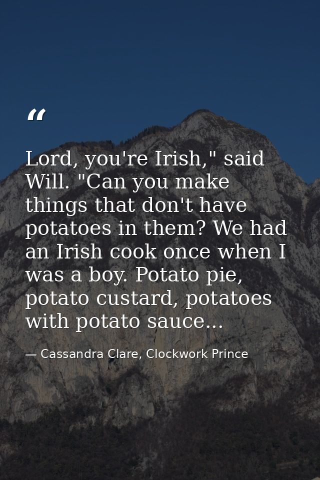 Lord, you're Irish," said Will. "Can you make things that don't have potatoes in them? We had an Irish cook once when I  — Cassandra Clare, Clockwork Prince