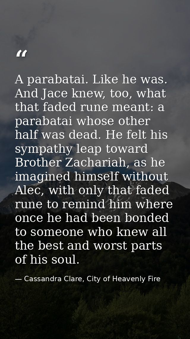 A parabatai. Like he was. And Jace knew, too, what that faded rune meant: a parabatai whose other half was dead. He felt — Cassandra Clare, City of Heavenly Fire