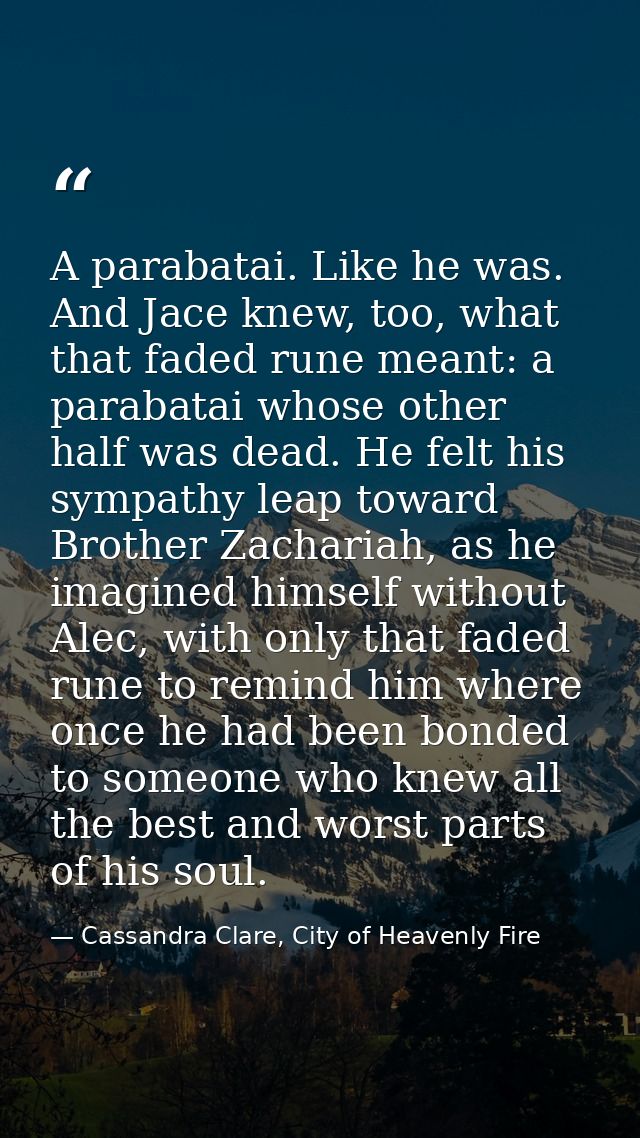 A parabatai. Like he was. And Jace knew, too, what that faded rune meant: a parabatai whose other half was dead. He felt — Cassandra Clare, City of Heavenly Fire