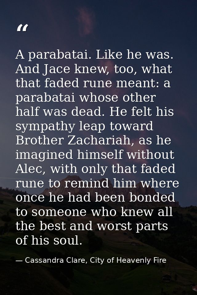 A parabatai. Like he was. And Jace knew, too, what that faded rune meant: a parabatai whose other half was dead. He felt — Cassandra Clare, City of Heavenly Fire