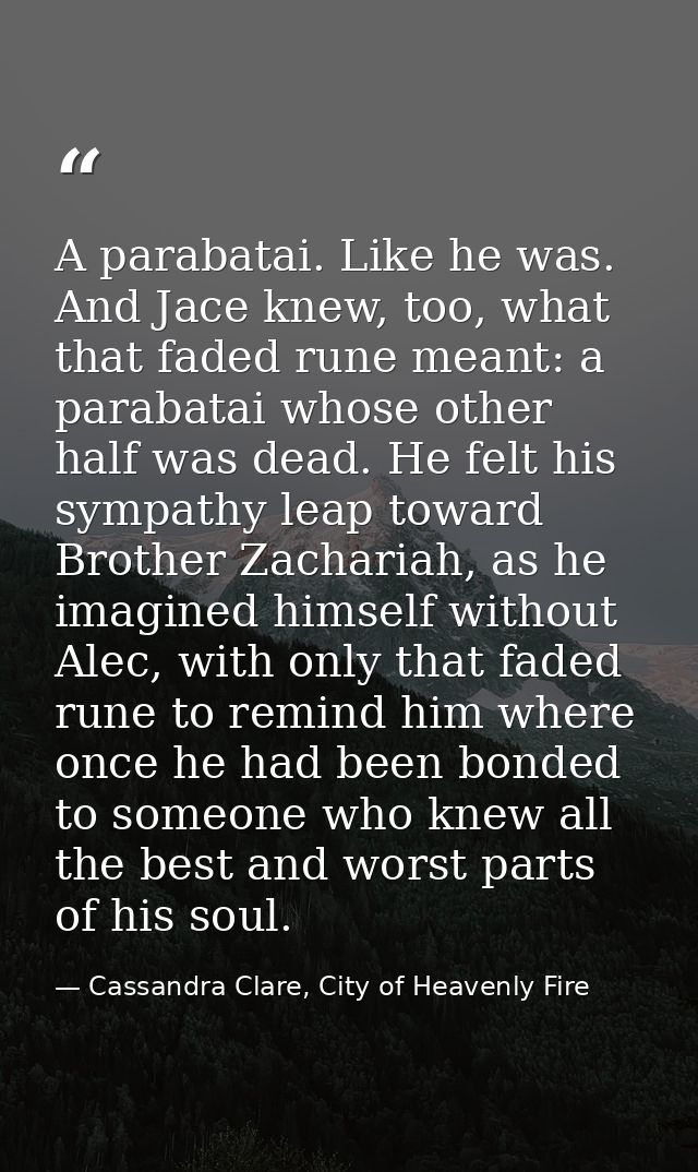 A parabatai. Like he was. And Jace knew, too, what that faded rune meant: a parabatai whose other half was dead. He felt — Cassandra Clare, City of Heavenly Fire