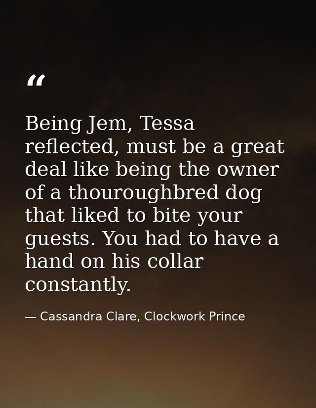 Being Jem, Tessa reflected, must be a great deal like being the owner of a thouroughbred dog that liked to bite your gue — Cassandra Clare, Clockwork Prince