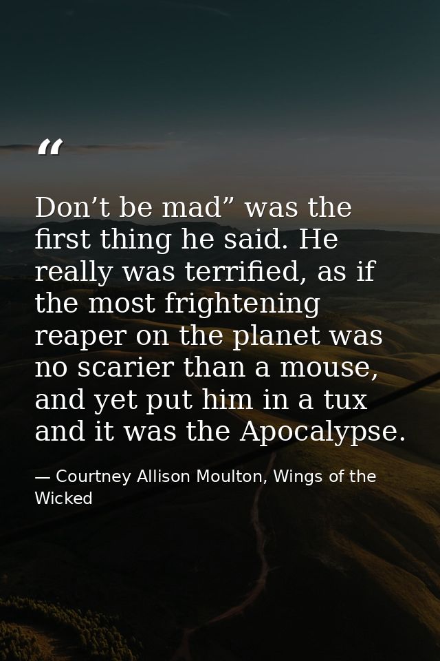 Don’t be mad” was the first thing he said. He really was terrified, as if the most frightening reaper on the planet was  — Courtney Allison Moulton, Wings of the Wicked