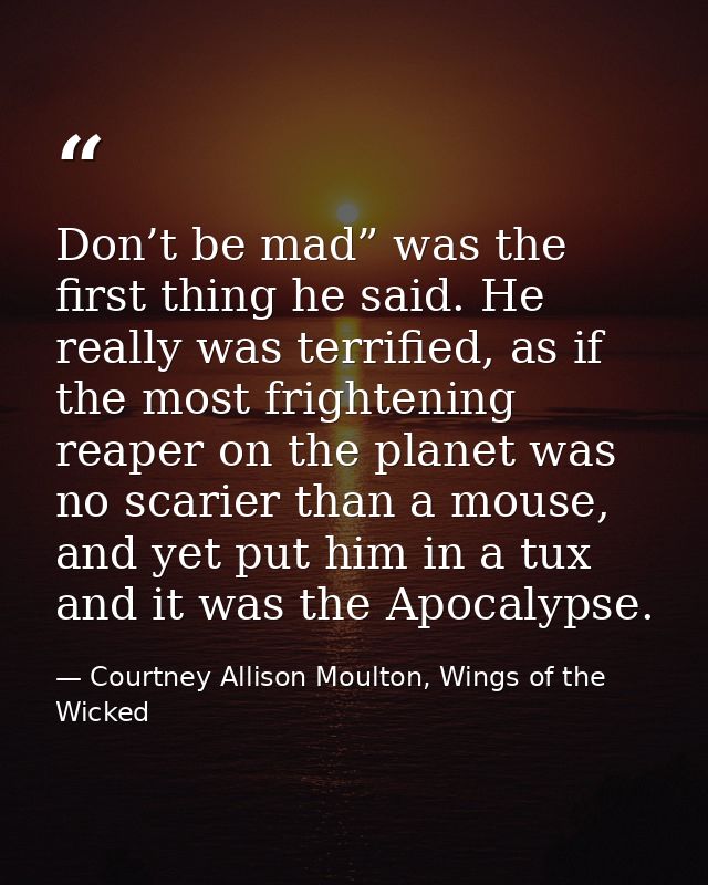 Don’t be mad” was the first thing he said. He really was terrified, as if the most frightening reaper on the planet was  — Courtney Allison Moulton, Wings of the Wicked