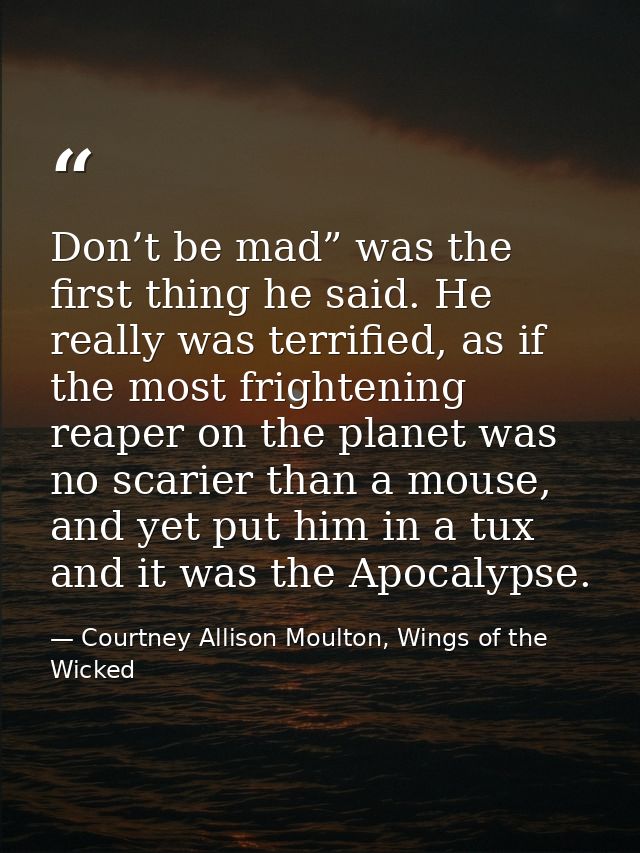 Don’t be mad” was the first thing he said. He really was terrified, as if the most frightening reaper on the planet was  — Courtney Allison Moulton, Wings of the Wicked