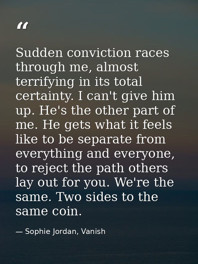 Sudden conviction races through me, almost terrifying in its total certainty. I can't give him up. He's the other part o — Sophie Jordan, Vanish