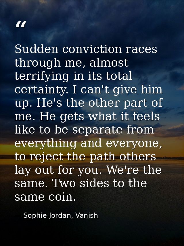 Sudden conviction races through me, almost terrifying in its total certainty. I can't give him up. He's the other part o — Sophie Jordan, Vanish