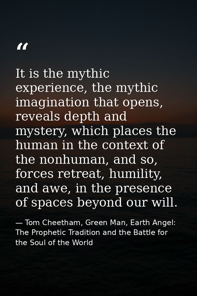It is the mythic experience, the mythic imagination that opens, reveals depth and mystery, which places the human in the — Tom Cheetham, Green Man, Earth Angel: The Prophetic Tradition and the Battle for the Soul of the World