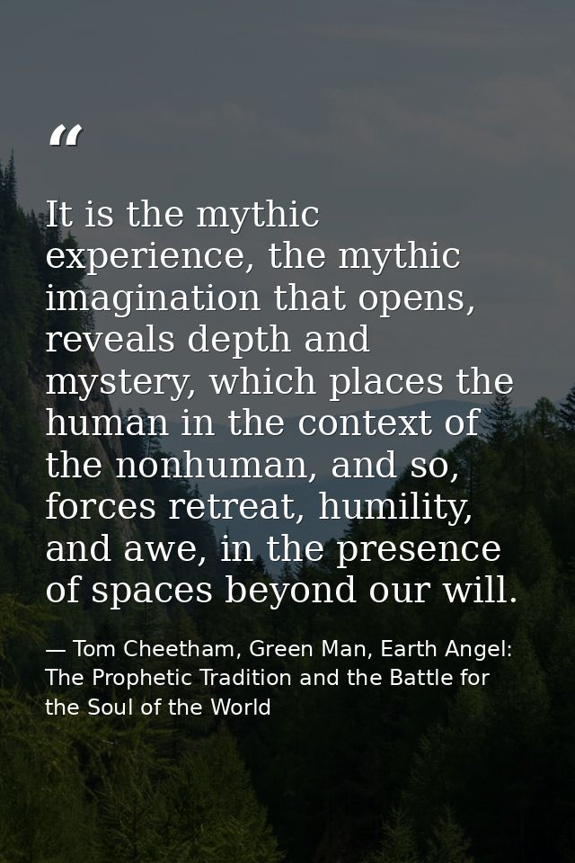It is the mythic experience, the mythic imagination that opens, reveals depth and mystery, which places the human in the — Tom Cheetham, Green Man, Earth Angel: The Prophetic Tradition and the Battle for the Soul of the World