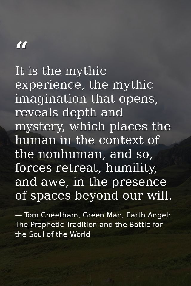 It is the mythic experience, the mythic imagination that opens, reveals depth and mystery, which places the human in the — Tom Cheetham, Green Man, Earth Angel: The Prophetic Tradition and the Battle for the Soul of the World
