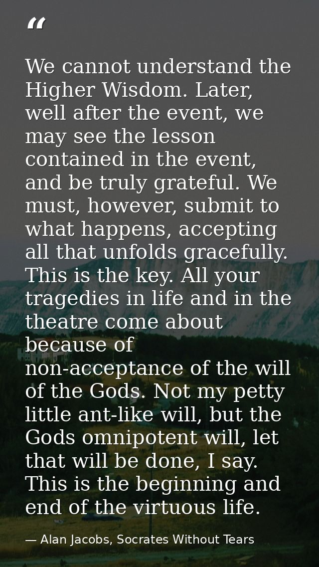 We cannot understand the Higher Wisdom. Later, well after the event, we may see the lesson contained in the event, and b — Alan Jacobs, Socrates Without Tears