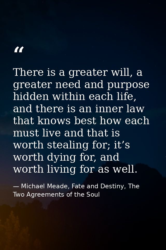 There is a greater will, a greater need and purpose hidden within each life, and there is an inner law that knows best h — Michael Meade, Fate and Destiny, The Two Agreements of the Soul