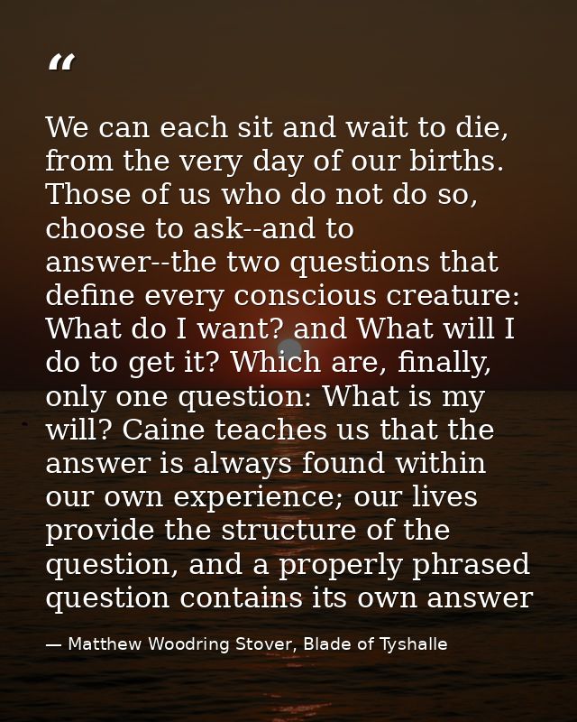 We can each sit and wait to die, from the very day of our births. Those of us who do not do so, choose to ask--and to an — Matthew Woodring Stover, Blade of Tyshalle
