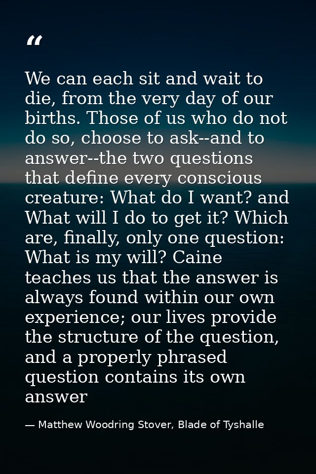 We can each sit and wait to die, from the very day of our births. Those of us who do not do so, choose to ask--and to an — Matthew Woodring Stover, Blade of Tyshalle