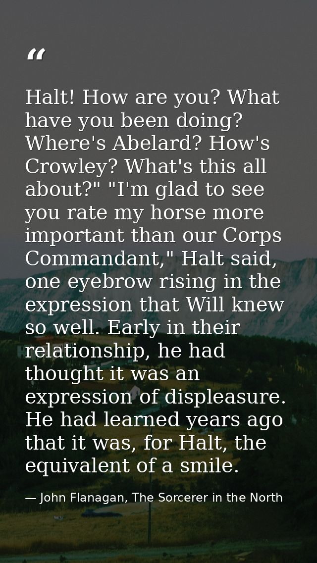 Halt! How are you? What have you been doing? Where's Abelard? How's Crowley? What's this all about?" "I'm glad to see yo — John Flanagan, The Sorcerer in the North