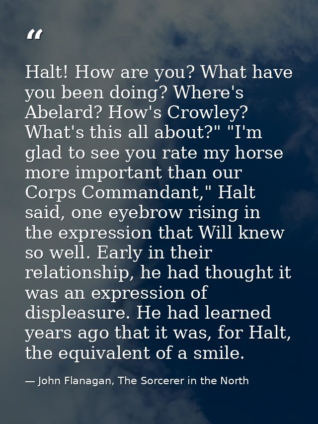 Halt! How are you? What have you been doing? Where's Abelard? How's Crowley? What's this all about?" "I'm glad to see yo — John Flanagan, The Sorcerer in the North