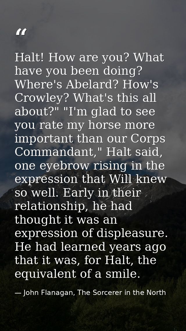 Halt! How are you? What have you been doing? Where's Abelard? How's Crowley? What's this all about?" "I'm glad to see yo — John Flanagan, The Sorcerer in the North