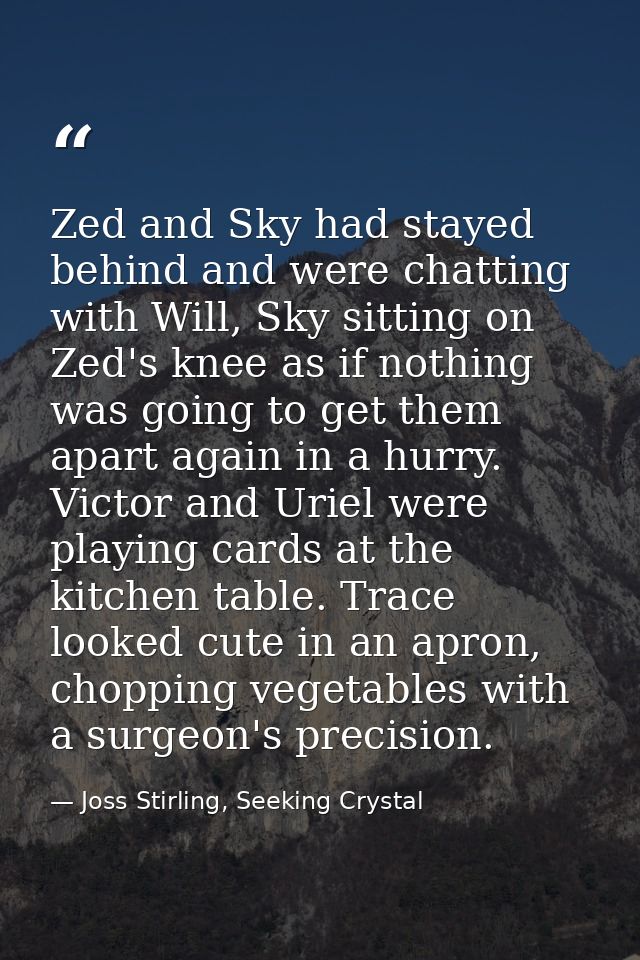 Zed and Sky had stayed behind and were chatting with Will, Sky sitting on Zed's knee as if nothing was going to get them — Joss Stirling, Seeking Crystal