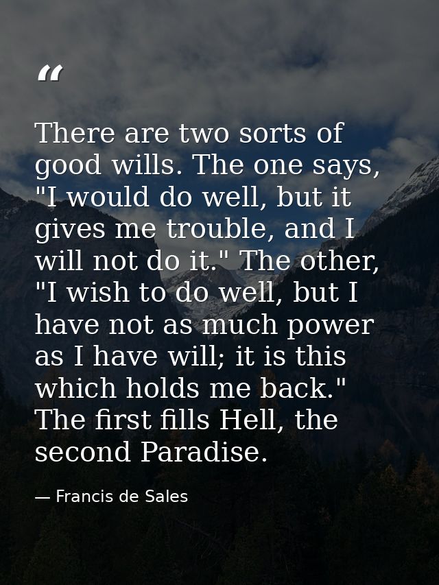 There are two sorts of good wills. The one says, "I would do well, but it gives me trouble, and I will not do it." The o — Francis de Sales