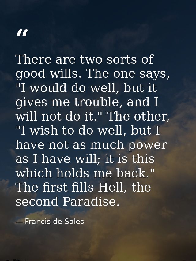 There are two sorts of good wills. The one says, "I would do well, but it gives me trouble, and I will not do it." The o — Francis de Sales