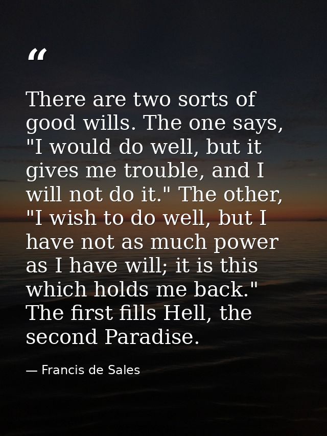 There are two sorts of good wills. The one says, "I would do well, but it gives me trouble, and I will not do it." The o — Francis de Sales