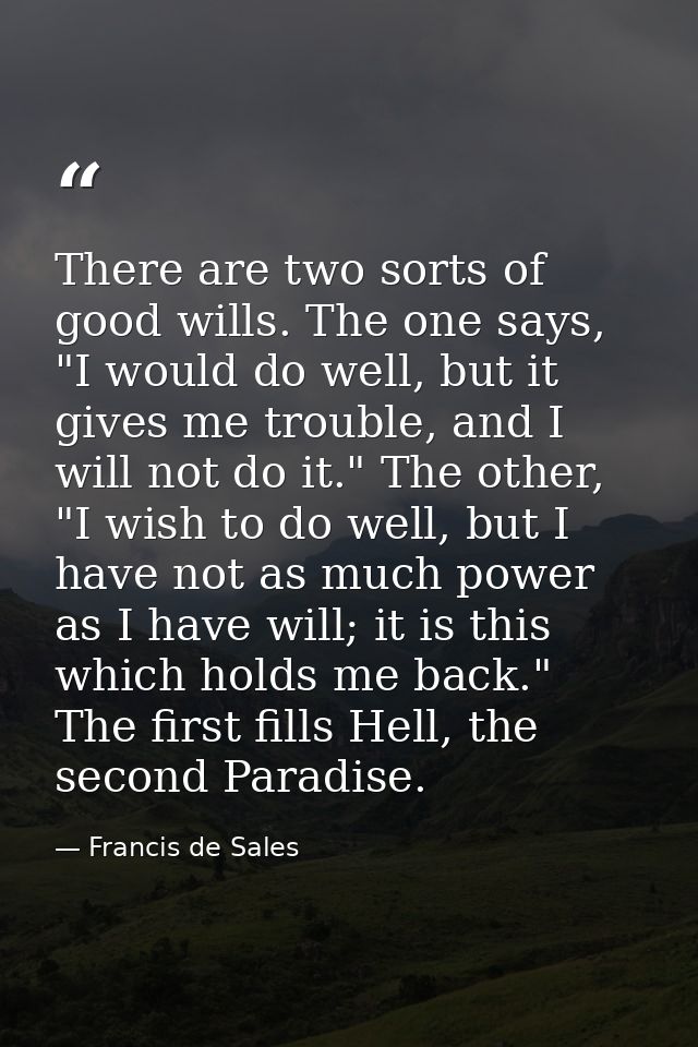 There are two sorts of good wills. The one says, "I would do well, but it gives me trouble, and I will not do it." The o — Francis de Sales