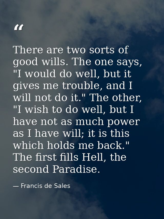 There are two sorts of good wills. The one says, "I would do well, but it gives me trouble, and I will not do it." The o — Francis de Sales