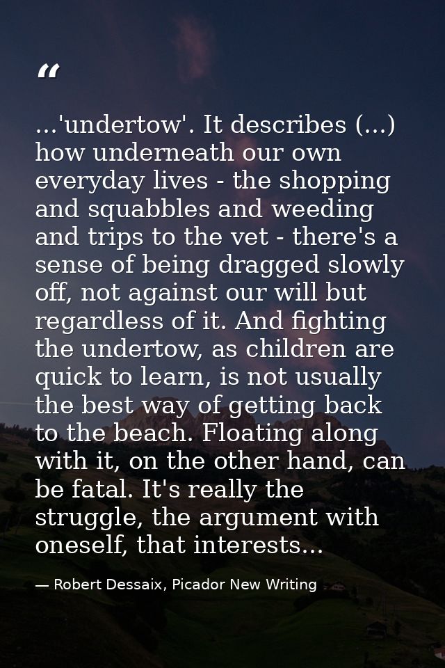 ...'undertow'. It describes (...) how underneath our own everyday lives - the shopping and squabbles and weeding and tri — Robert Dessaix, Picador New Writing