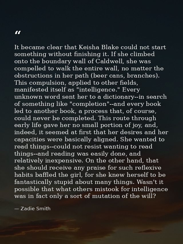 It became clear that Keisha Blake could not start something without finishing it. If she climbed onto the boundary wall  — Zadie Smith