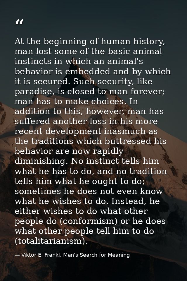 At the beginning of human history, man lost some of the basic animal instincts in which an animal's behavior is embedded — Viktor E. Frankl, Man's Search for Meaning