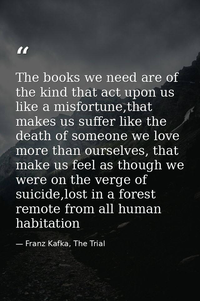 The books we need are of the kind that act upon us like a misfortune,that makes us suffer like the death of someone we l — Franz Kafka, The Trial