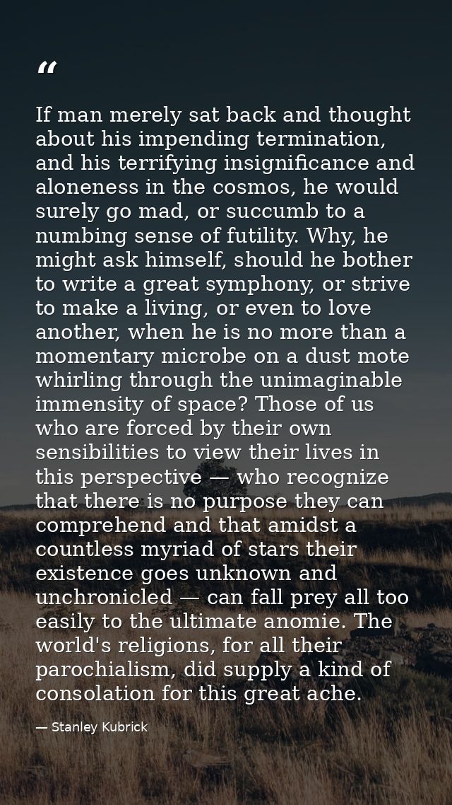 If man merely sat back and thought about his impending termination, and his terrifying insignificance and aloneness in t — Stanley Kubrick