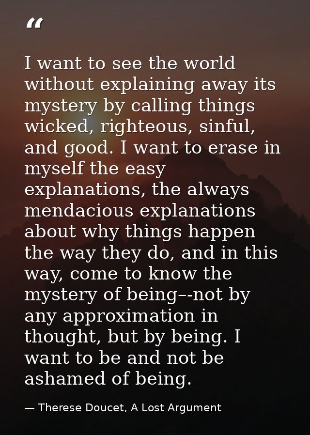 I want to see the world without explaining away its mystery by calling things wicked, righteous, sinful, and good. I wan — Therese Doucet, A Lost Argument