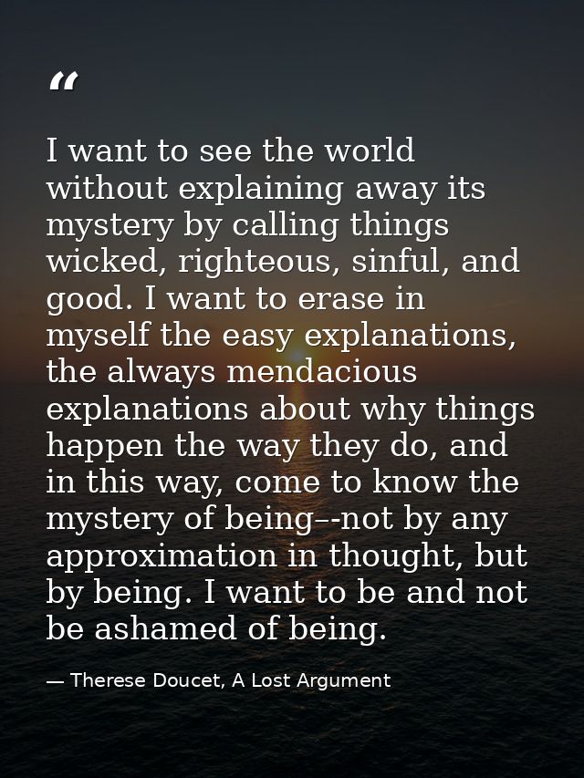 I want to see the world without explaining away its mystery by calling things wicked, righteous, sinful, and good. I wan — Therese Doucet, A Lost Argument