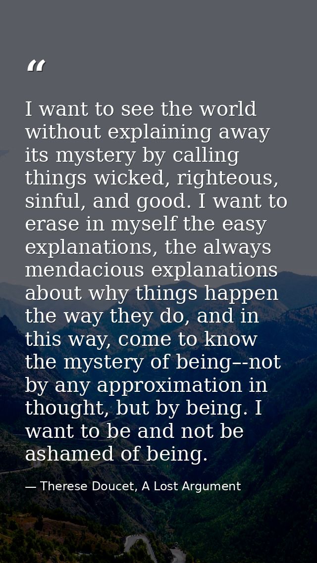I want to see the world without explaining away its mystery by calling things wicked, righteous, sinful, and good. I wan — Therese Doucet, A Lost Argument