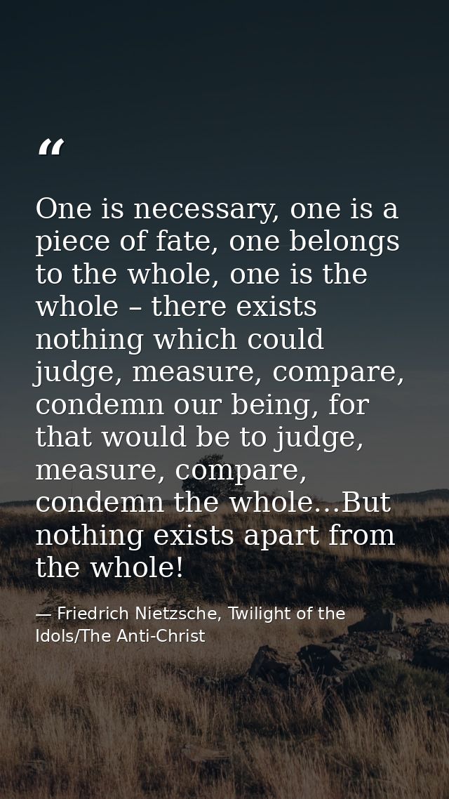 One is necessary, one is a piece of fate, one belongs to the whole, one is the whole – there exists nothing which could  — Friedrich Nietzsche, Twilight of the Idols/The Anti-Christ