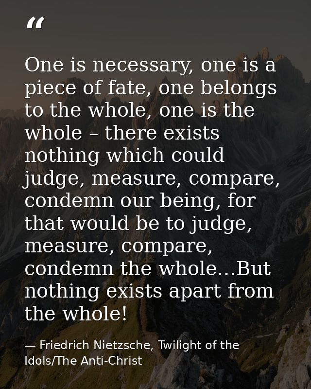 One is necessary, one is a piece of fate, one belongs to the whole, one is the whole – there exists nothing which could  — Friedrich Nietzsche, Twilight of the Idols/The Anti-Christ