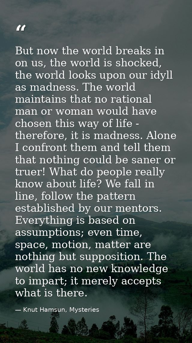 But now the world breaks in on us, the world is shocked, the world looks upon our idyll as madness. The world maintains  — Knut Hamsun, Mysteries