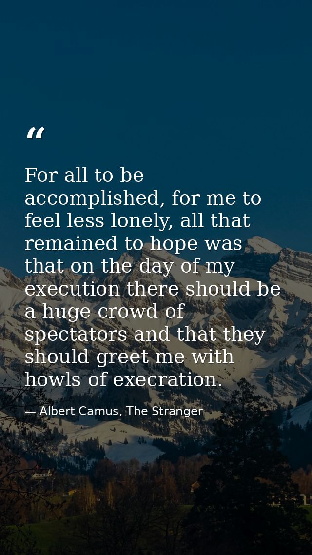 For all to be accomplished, for me to feel less lonely, all that remained to hope was that on the day of my execution th — Albert Camus, The Stranger