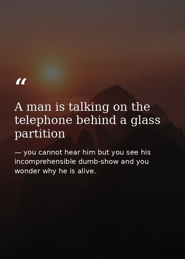A man is talking on the telephone behind a glass partition — you cannot hear him but you see his incomprehensible dumb-show and you wonder why he is alive.