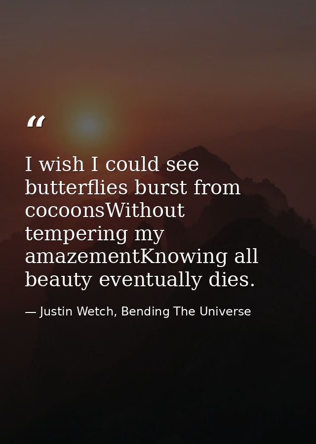 I wish I could see butterflies burst from cocoonsWithout tempering my amazementKnowing all beauty eventually dies. — Justin Wetch, Bending The Universe