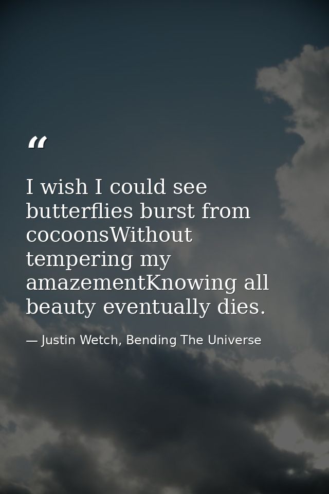 I wish I could see butterflies burst from cocoonsWithout tempering my amazementKnowing all beauty eventually dies. — Justin Wetch, Bending The Universe