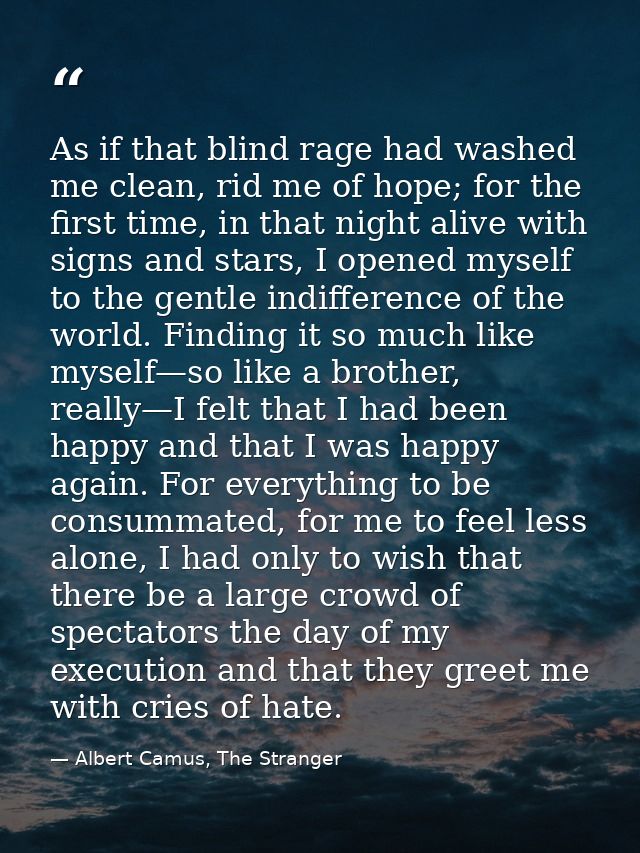 As if that blind rage had washed me clean, rid me of hope; for the first time, in that night alive with signs and stars, — Albert Camus, The Stranger