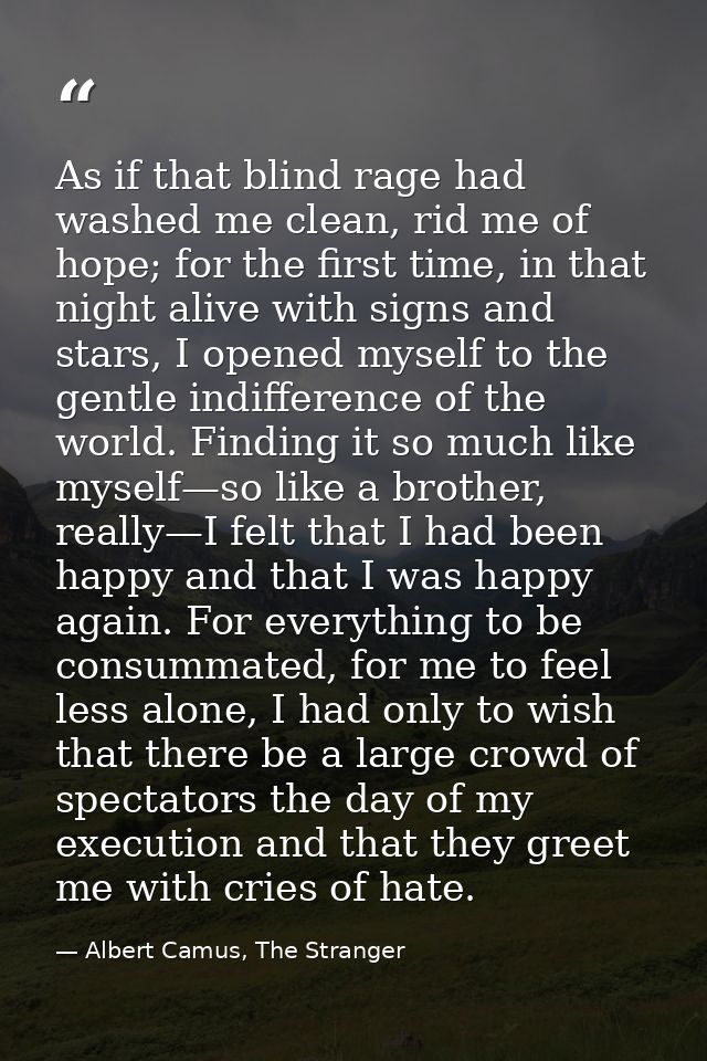 As if that blind rage had washed me clean, rid me of hope; for the first time, in that night alive with signs and stars, — Albert Camus, The Stranger